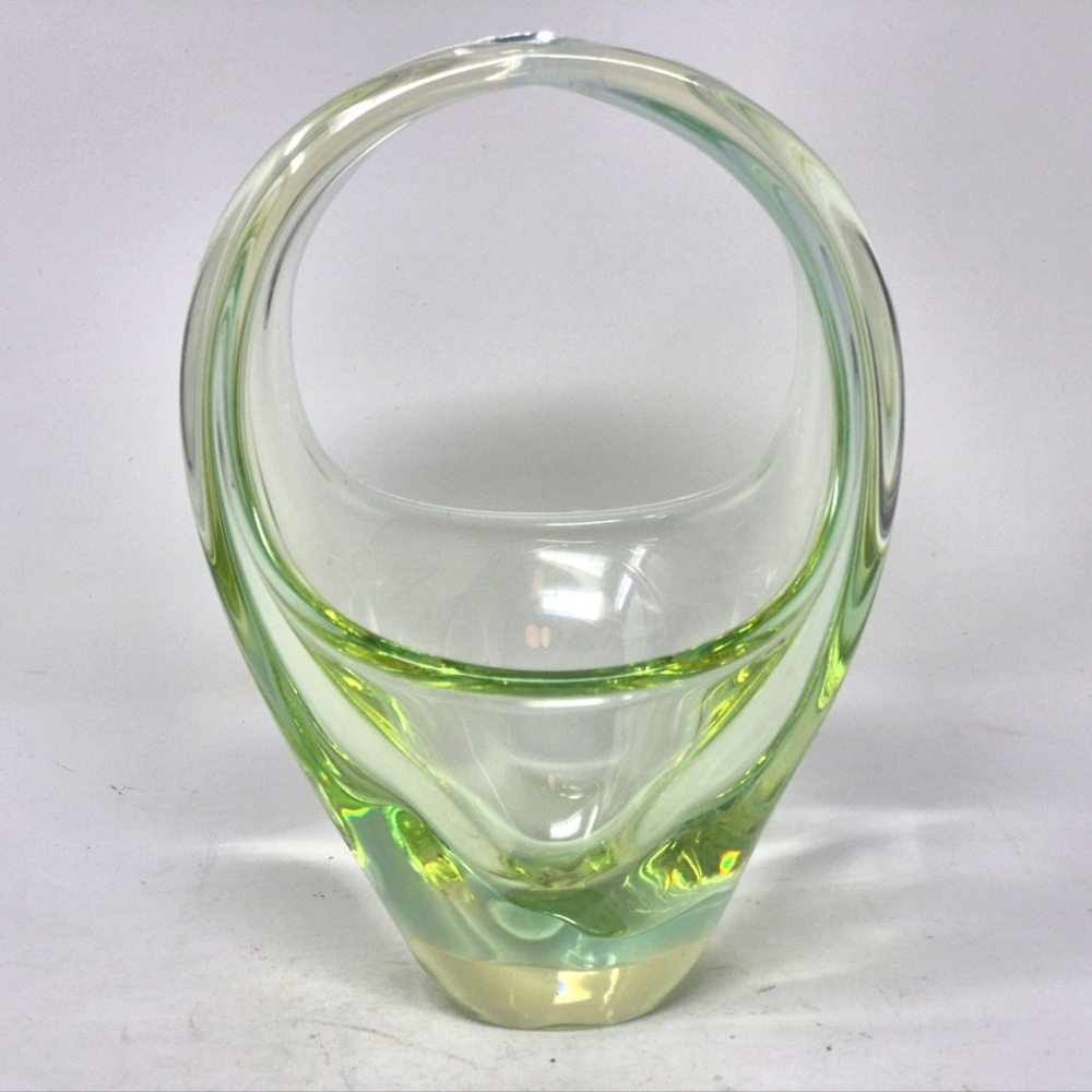 Zelezny Brod Czech Green And Cirtine Art Glass Basket